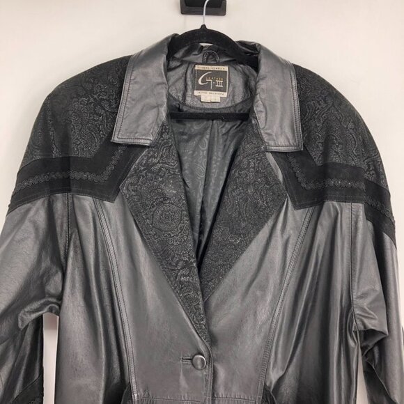 G-III Vintage Black  1980s Leather w/ Paisley Suede Trim Trench Coat LG - Picture 4 of 15